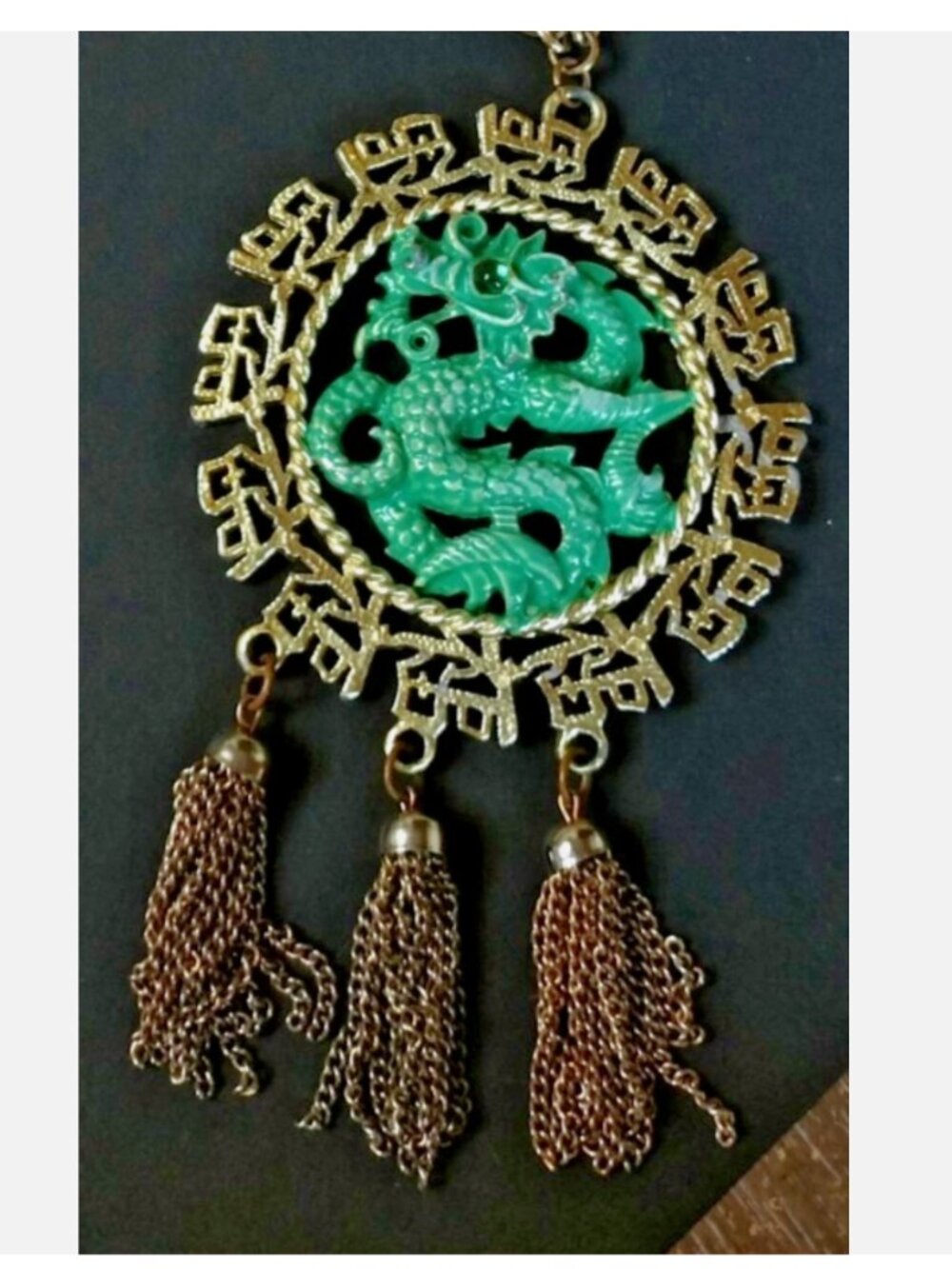 Vtg Gold & Green Dragon Medallion Necklace w/ Tassles, after Hattie Carnegie